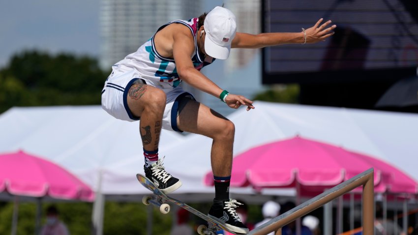 Jagger Eaton of the United States competes in the men's street skateboarding at the 2020 Summer Olympics, Saturday, July 24, 2021, in Tokyo, Japan.