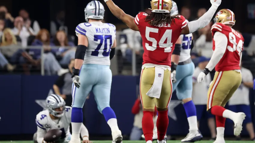 Jan 16, 2022; Arlington, Texas, USA; San Francisco 49ers middle linebacker Fred Warner (54) reacts after a play against the Dallas Cowboys during the second half of the NFC Wild Card playoff football game at AT&T Stadium. Mandatory Credit: Kevin Jairaj-USA TODAY Sports