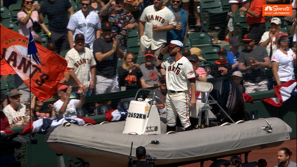 Captain Brandon Belt's hilarious Giants Opening Day entrance on boat – NBC  Sports Bay Area & California