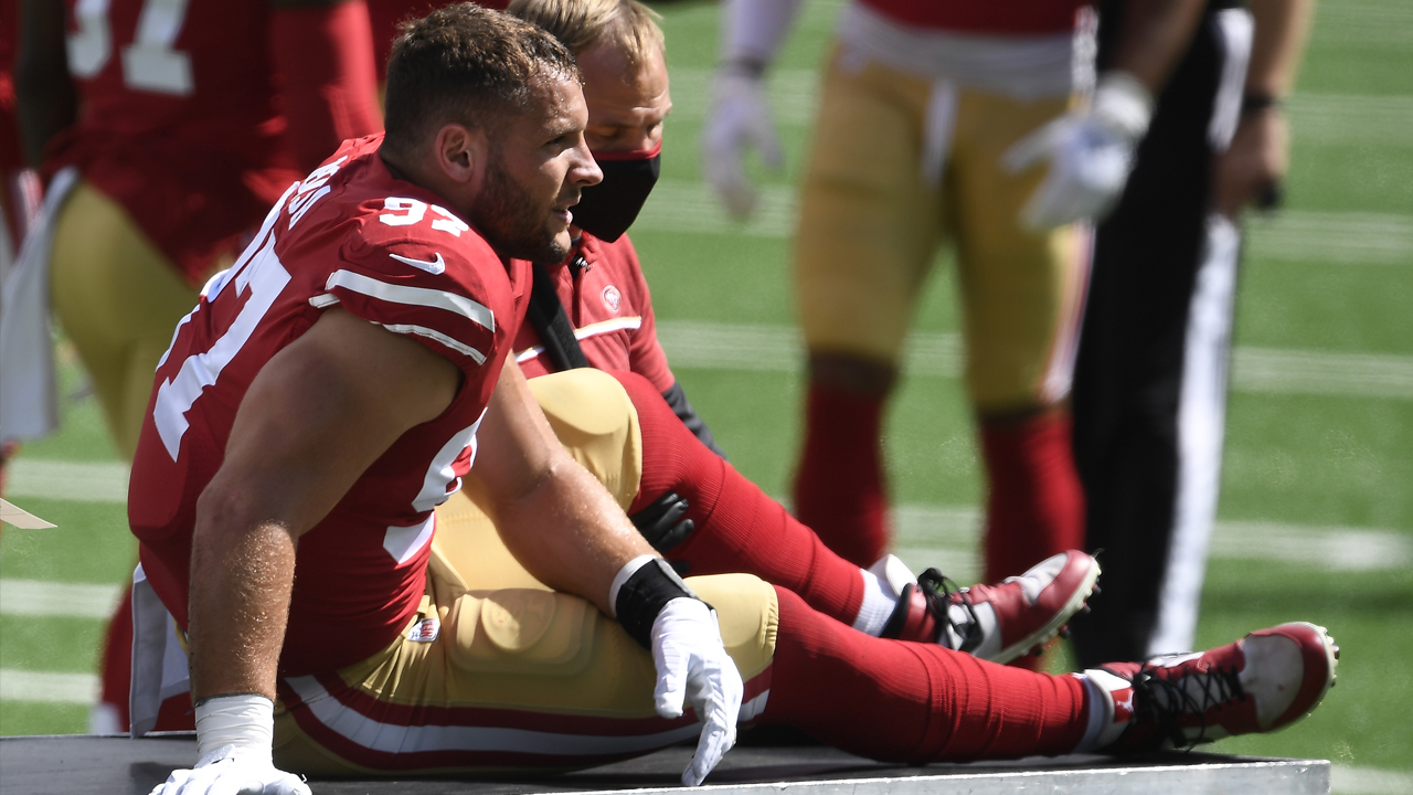 <p>The 49ers got a much-needed but costly win Sunday at MetLife Stadium.</p>
<p>The 31-13 thumping of the New York Jets saw the 49ers lose Nick Bosa, Jimmy Garoppolo, Solomon Thomas and Raheem Mostert to various injuries. The 49ers <a data-timestamp="1600713280" href="https://www.nbcsports.com/bayarea/49ers/nick-bosa-most-likely-has-acl-tear-after-injuring-knee-49ers-win">fear Bosa tore his ACL</a>, and Thomas is also suspected of suffering a severe knee injury.</p>
<p>Garoppolo left the game at halftime with a high-ankle sprain, an injury that normally requires four to six weeks to heal. Mostert reportedly suffered a mild MCL sprain and could miss a few weeks.</p>
<p>The 49ers will face the New York Giants, Philadelphia Eagles and Miami Dolphins over the next three weeks. Those teams are a combined 0-6, so the 49ers should have some cushion to find reinforcements and figure out how to move forward without some of their stars.</p>
<p>Here are a few possibilities for injury replacements that the 49ers could look at to help fill the void.</p>