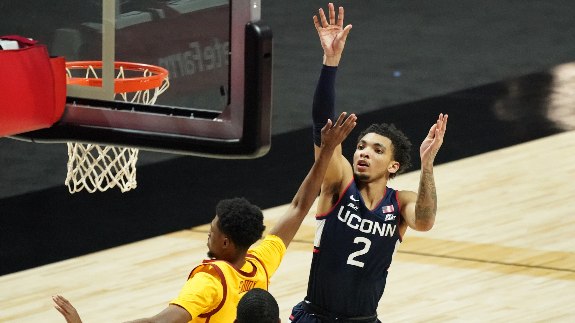 <p><strong>Height: </strong><em>6-foot-5</em><br />
<strong>Team: </strong><em>UConn<br />
<strong>Age: </strong></em><em>20</em></p>

<p>Bouknight is one of the best scorers in the country. He's an elite finisher who is smooth with the ball in his hands and is a great pull-up shooter. He has got the length to be a plus-defender but will have to work on being more engaged on that end of the floor.</p>

<p>He's a better shooter off the dribble than on the catch-and-shoot, but can improve that this season.</p>
