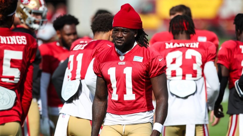 Brandon Aiyuk of the San Francisco 49ers on the sidelines before the  News Photo - Getty Images