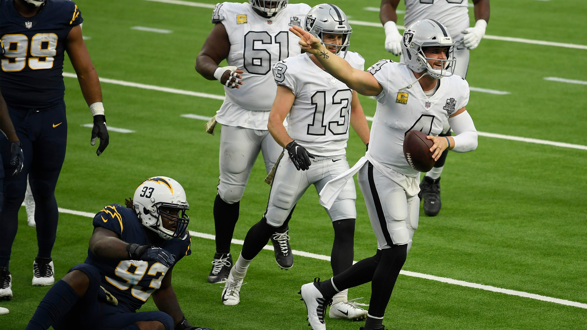 <p>In the words of Al Davis, the 2020 Raiders just win, baby. </p>

<p>A week after beating Baker Mayfield and the Cleveland Browns 16-6 in an Ohio windstorm, the Raiders survived a barnburner against a Los Angeles Chargers team that desperately needed a win. </p>

<p>Derek Carr didn't have his best game -- he was 13-for-23 for 165 yards and two touchdowns -- but he made the two biggest plays of the game: A 53-yard pass to Hunter Renfrow and a 12-yard scramble on third-and-10 that ended with Carr leaping over a defender to get the first down. Both of those plays came on a third-quarter drive the Raiders needed to erase an ugly sequence of events before halftime. Two plays after Carr's scramble, he hit Darren Waller for a 3-yard touchdown to give the Raiders an 11-point lead. </p>

<p>The Silver and Black's much-maligned defense did just enough to earn a 31-26 win. The Raiders gave up 441 yards and appeared poised to lose as Justin Herbert marched the Chargers down to the Raiders' 4-yard line with seven seconds remaining. LA elected to pick on second-year cornerback Isaiah Johnson with the game on the line, and the Houston product stood stall, breaking up back-to-back goal line fades -- the second coming as time expired -- to send the Raiders to 5-3. </p>

<p>It's not always pretty and the defense has been gauged, but Carr and the Raiders are 5-3 and face the NFL's easiest schedule down the stretch. </p>

<p>It's time everyone, myself included, started giving the 2020 Raiders a little damn respect.</p>
