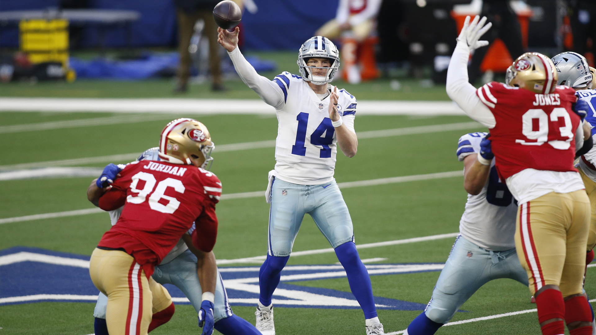<p>The pass defense was OK through most of the game. But they were unable to keep up with the Cowboys in the giveaway-takeaway column. Dallas quarterback Andy Dalton completed 19 of 33 passes for 209 yards with two touchdowns and no interceptions. Arik Armstead registered two sacks in the game. Ahkello Witherspoon played well in coverage with two passes defensed.</p>

<p>The defense was solid, but this was a game where they had to be more than just solid. This unit made no game-changing plays. Linebacker Fred Warner made that point afterward in stating that the 49ers’ defense was every bit to blame for this loss as the offense because it did not force any takeaways.</p>

<p><strong>Grade: C-minus</strong></p>
