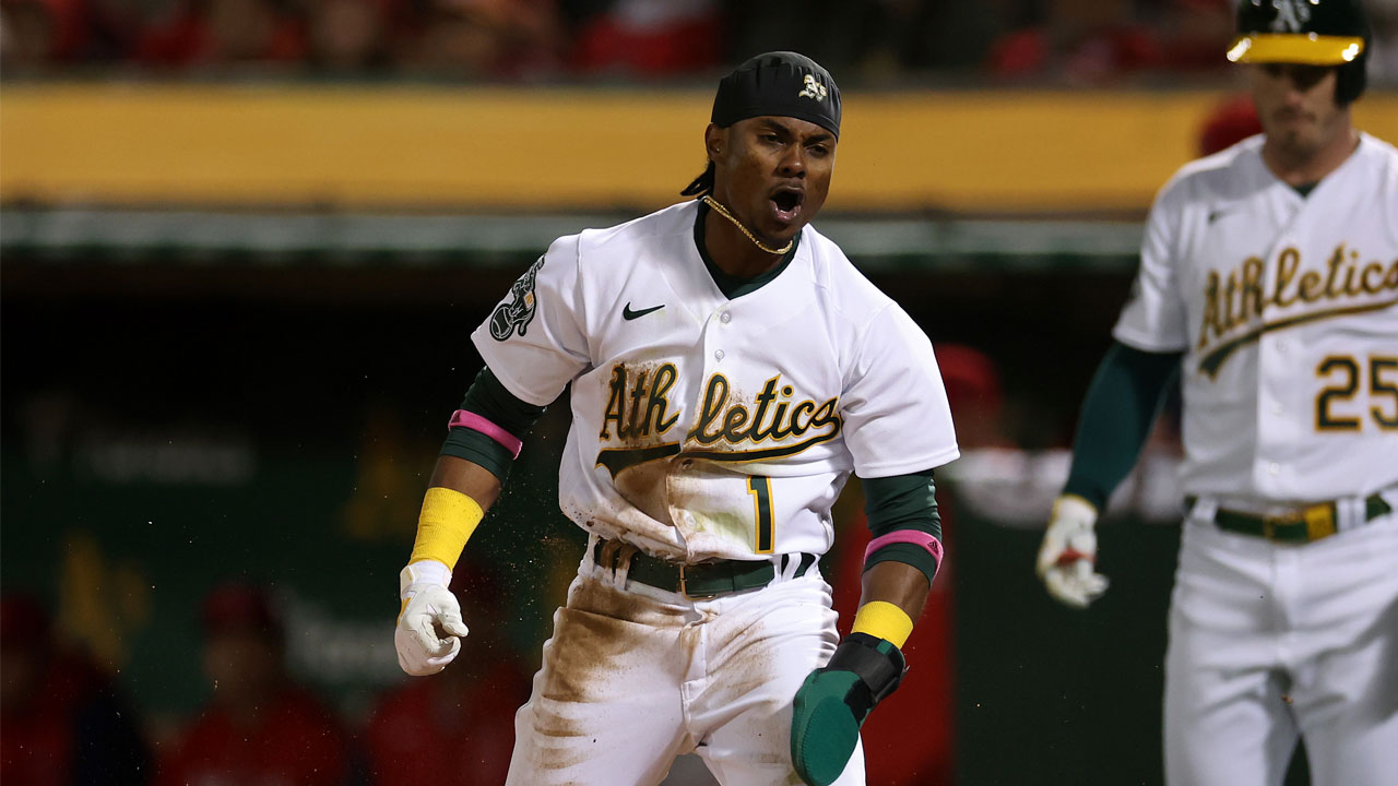 Esteury Ruiz of the Oakland Athletics fields during the game