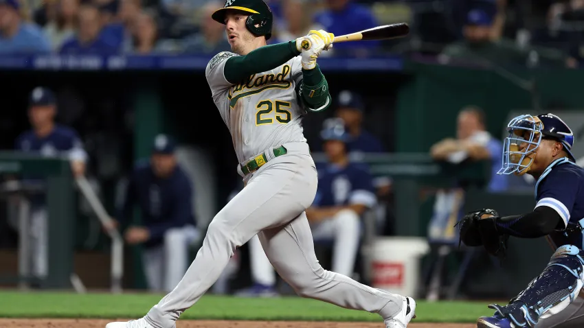 Brent Rooker #25 of the Oakland Athletics doubles during the 4th inning of the game against the Kansas City Royals at Kauffman Stadium on May 05, 2023 in Kansas City, Missouri. (Photo by Jamie Squire/Getty Images)