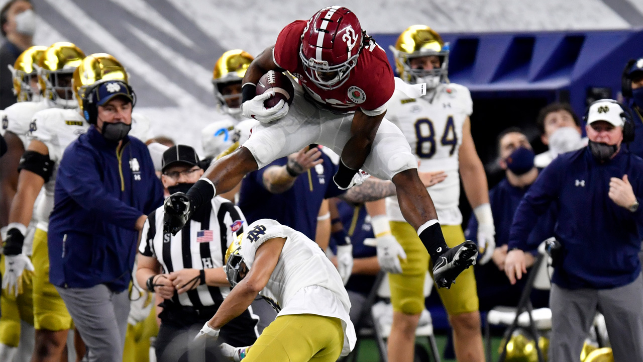 <p>Hey, another position! But is this a position of need? Not really. However, it sure is fun to think of Harris in a Kyle Shanahan offense. </p>
<p>Raheem Mostert will be back next season, and Jeff Wilson Jr. made a strong case for the 49ers to re-sign him as a restricted free agent. But Mostert will be 29 years old in April and had an injury-ravaged season his first time as a full-time starter. </p>
<p>Harris, an Antioch native, will finish his college career as the best running back in Alabama's storied history when looking at his numbers over four years. His ability to take over a game as a ball-carrier or receiver at 6-foot-2 and 230 pounds is special. This might not seem like a big need, but the former Bay Area high school star sure would be a fun 49er in the second round.</p>