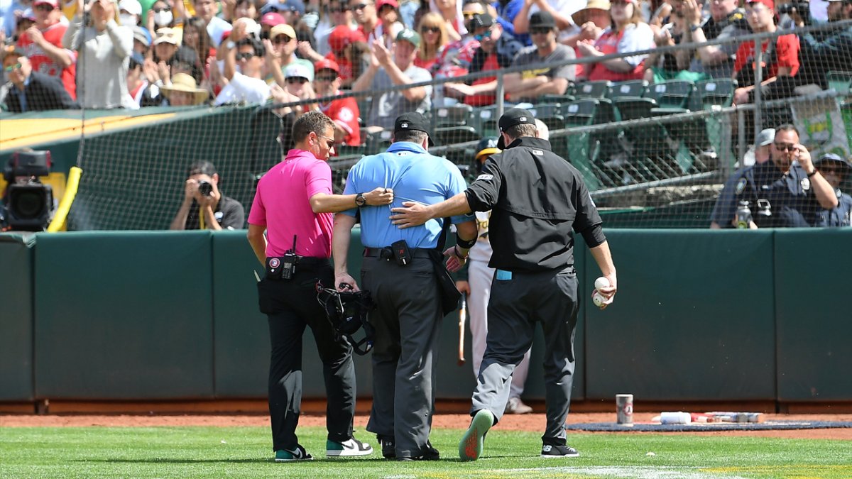 Home plate umpire Marty Foster hit twice, forced to exit Athletics ...