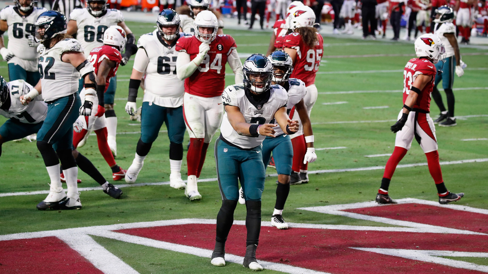 <p><strong>Line: </strong>Eagles -1</p>
<p>The Cowboys stink. The Eagles also aren't very good, but they've been re-energized by Jalen Hurts' insertion as the starting quarterback.</p>
<p>Dallas' secondary has been abysmal unless Nick Mullens is spoon-feeding them turnovers. Hurts has another big game as the Eagles take some frustration out on their rival.</p>
<p><strong>Pick: </strong>Eagles 30, Cowboys 23</p>