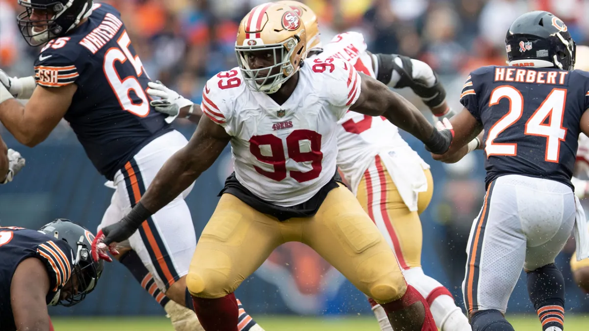 San Francisco 49ers Javon Kinlaw (99) reacts during an NFL