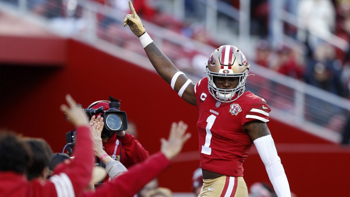 Jimmie Ward of the San Francisco 49ers celebrates after breaking up a