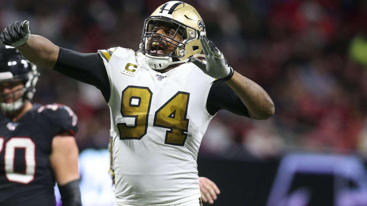 Cam Jordan celebrates after making a sack vs. Falcons 