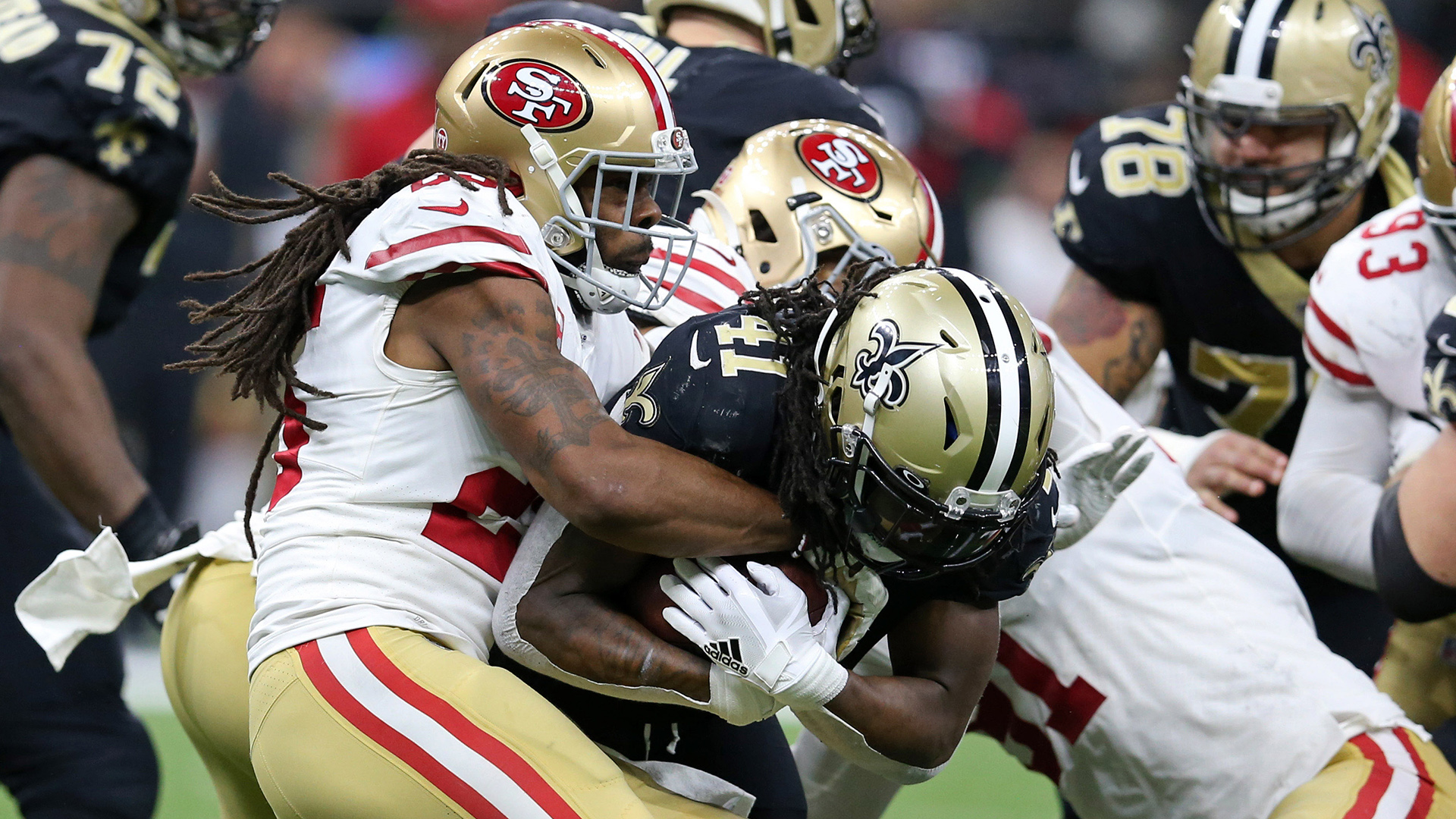 <p>Alvin Kamara has become one of the NFL's top running backs, and leads the NFL with 1,036 yards from scrimmage so far this season.</p>

<p>But in last year's duel with the 49ers, Kamara couldn't get anything going, finishing with just 25 yards on 13 carries. Normally as much a threat in the passing game as the run, Kamara had just four receptions for 18 yards.</p>

<p>Fred Warner and the 49ers' defense (what's left of it) will have Kamara at the center of their gameplan, and being able to limit him as they did last season could throw a major wrench into the Saints' offensive attack.</p>
