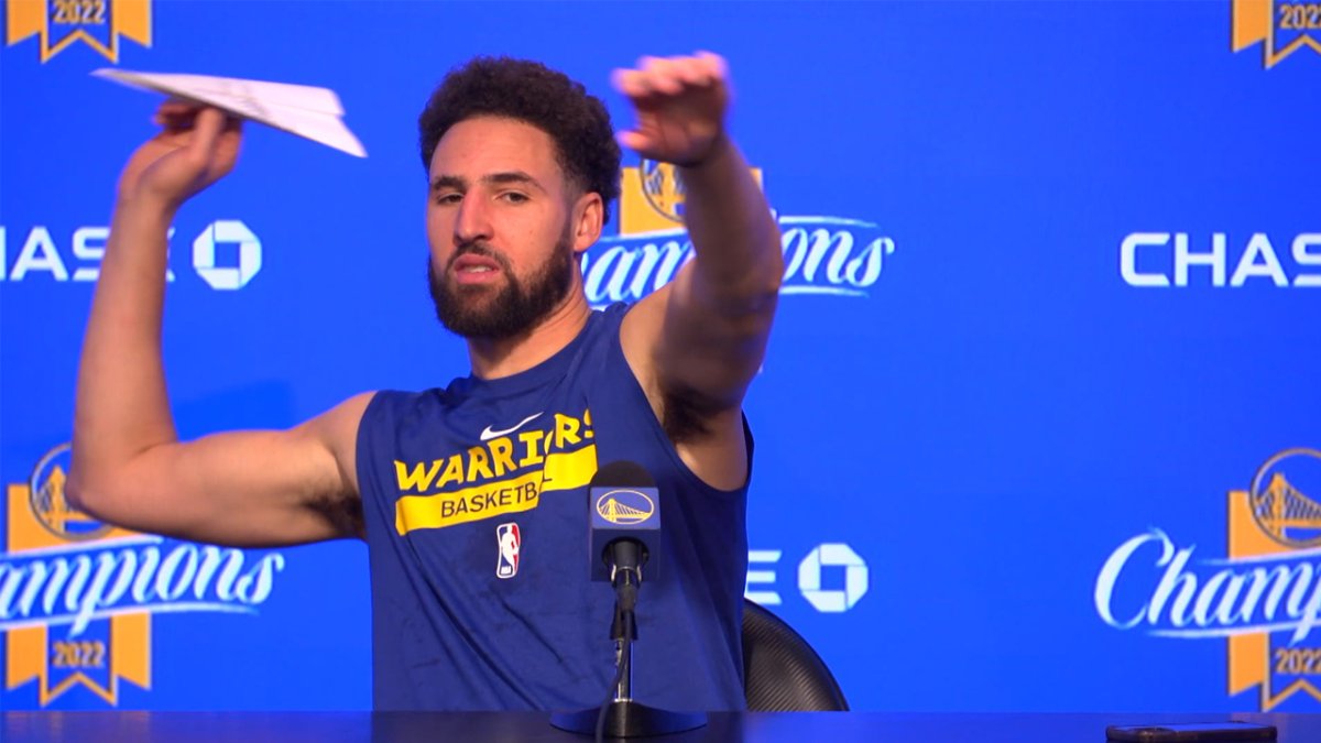 Klay Thompson Throws Paper Airplane During Press Conference