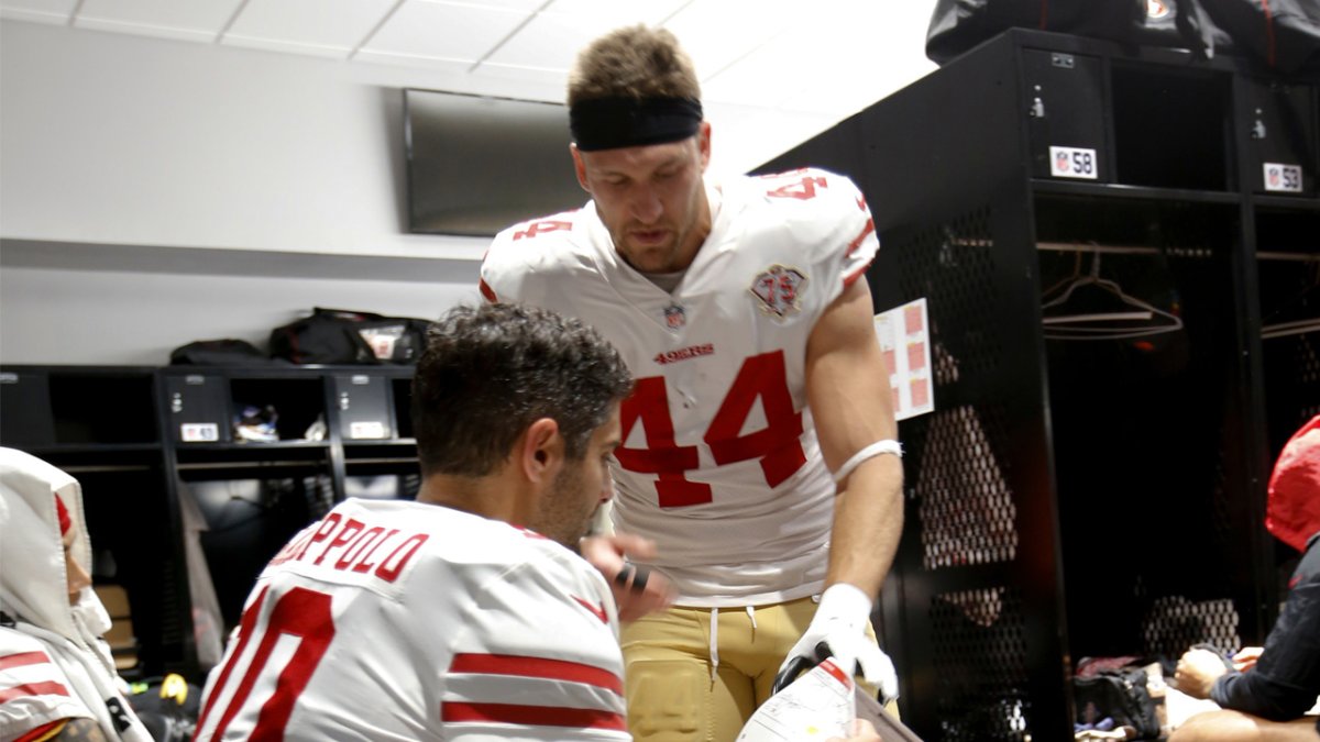 Santa Clara, California, USA. 19th Jan, 2020. San Francisco 49ers  quarterback Jimmy Garoppolo (10) and fullback Kyle Juszczyk (44) pregame on  Sunday, January 19, 2020, at Levis Stadium in Santa Clara, California.