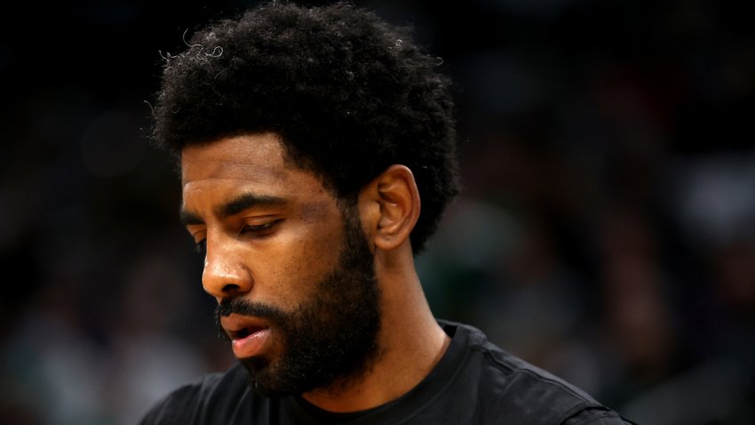 BOSTON, MASSACHUSETTS – APRIL 17: Kyrie Irving #11 of the Brooklyn Nets looks on before Round 1 Game 1 of the 2022 NBA Eastern Conference Playoffs at TD Garden on April 17, 2022 in Boston, Massachusetts. (Photo by Maddie Meyer/Getty Images)