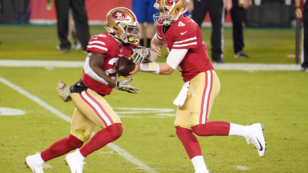 <p>Jerick McKinnon got the start, and he ran the pretty well. McKinnon had 52 yards rushing and one touchdown on 12 attempts.</p>
<p>JaMycal Hasty mixed into the action but was not a factor, gaining just 3 yards on four attempts. The 49ers fell behind big through one half, which took their running game out of the picture.</p>
<p><strong>Grade: C-minus</strong></p>