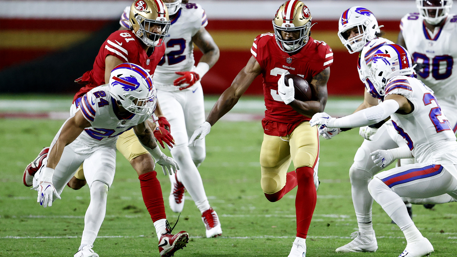 <p>The 49ers had to believe they could have success running the ball against the Bills’ defense. But even with Raheem Mostert, Jeff Wilson and Tevin Coleman healthy, the 49ers could not find any consistency on the ground.</p>

<p>Wilson led the 49ers with 47 yards on seven attempts, while Mostert had 42 yards rushing on nine carries.</p>

<p><strong>Grade: C-minus</strong></p>
