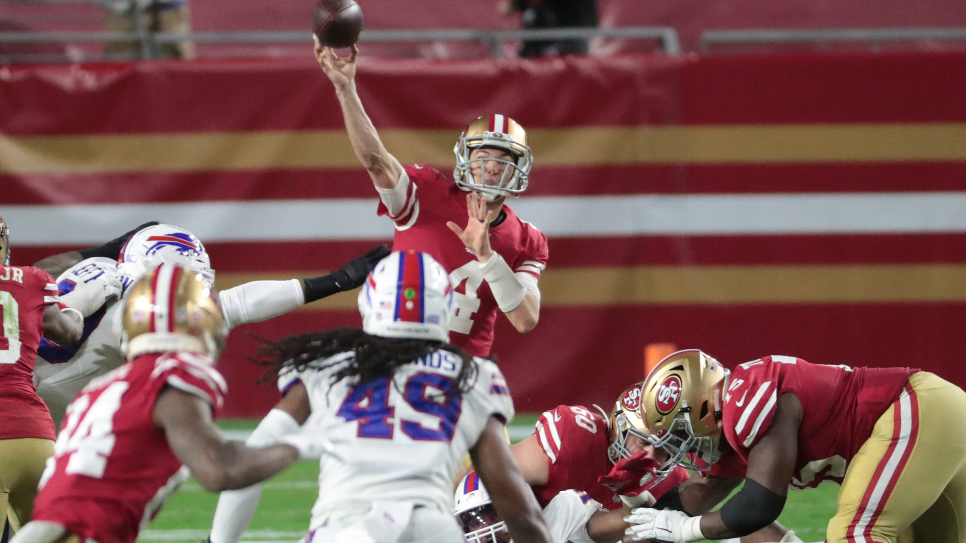 <p>Nick Mullens had 57 yards passing in the first half. He threw two interceptions in the second half, one of which was a pass that rookie Brandon Aiyuk should have caught. The 49ers could not keep up with the Bills in what looked as if it might be a shoot-out.</p>

<p>Mullens finished with 316 yards passing with touchdown passes to Aiyuk, Jordan Reed and Kyle Juszczyk. Things were not clicking until the 49ers fell hopelessly behind. Aiyuk had five catches for 95 yards to lead the team.</p>

<p><strong>Grade: D-plus</strong></p>
