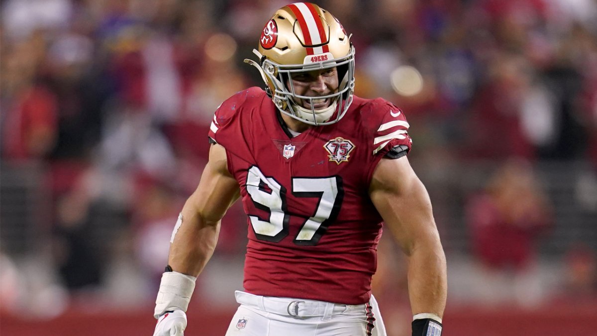 Nick Bosa of the San Francisco 49ers runs onto the field prior to