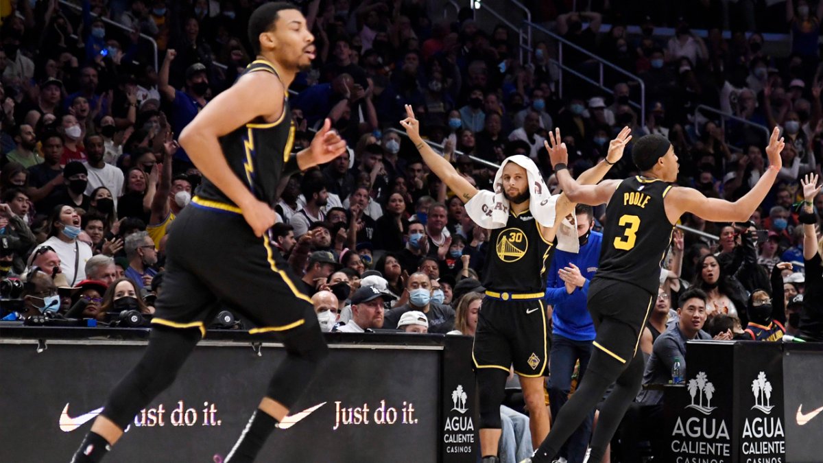 Steph Curry sends Gary Payton II flying on chest bump after 3-point ...