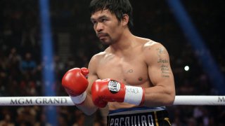 Jan 19, 2019; Las Vegas, NV, USA; Manny Pacquiao against Adrien Broner (not pictured) during a WBA welterweight world title boxing match at MGM Grand Garden Arena. Pacquiao won via unanimous decision. Mandatory Credit: Joe Camporeale-USA TODAY Sports