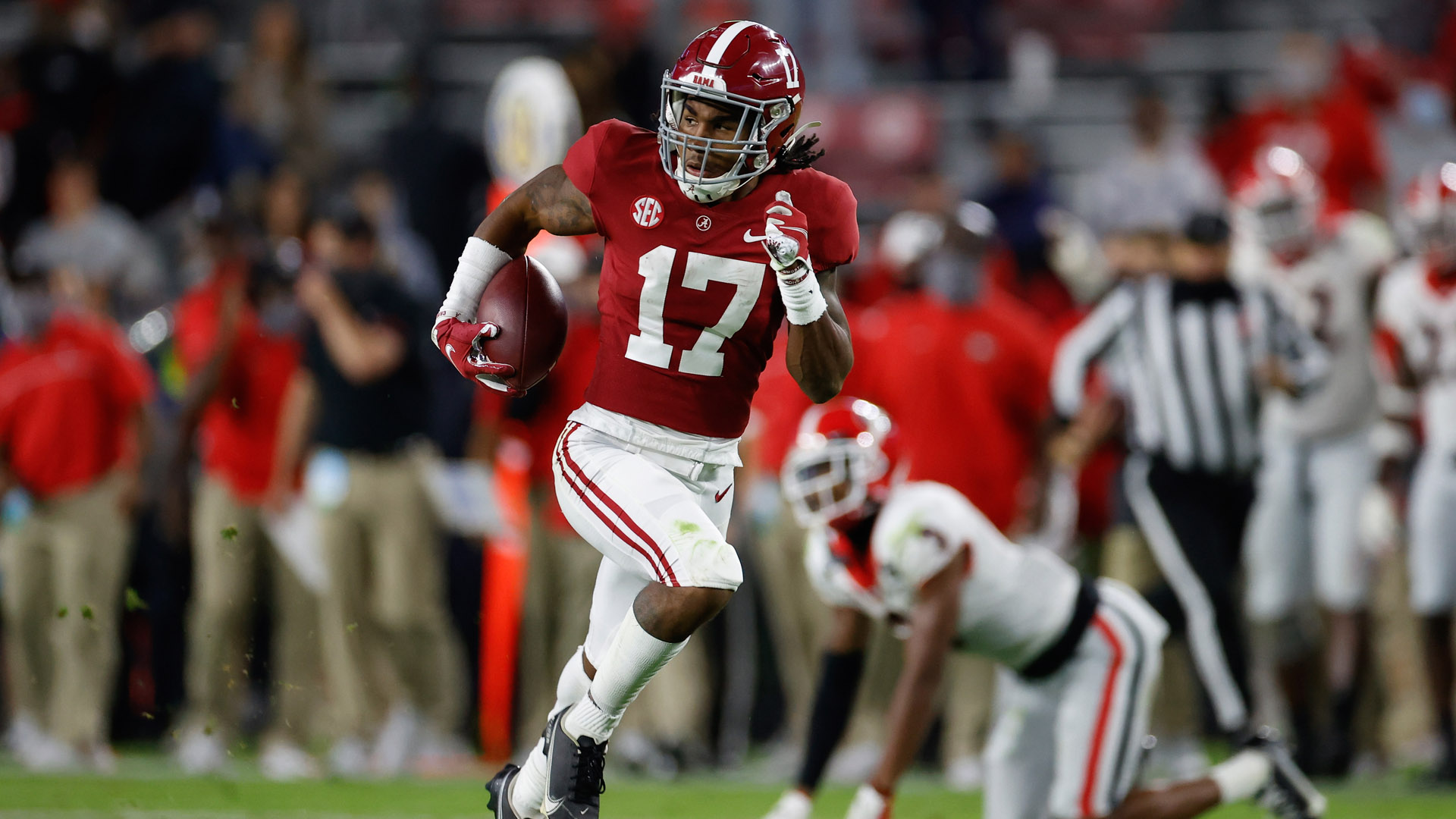 <p>The Dolphins could easily look to protect Tua Tagovailoa here and take Penei Sewell or Rashawn Slater. They probably should, too.</p>

<p>But his former teammate is too enticing to pass up. Waddle is an absolute burner and would open up Miami's offense. --<em>DJ</em></p>
