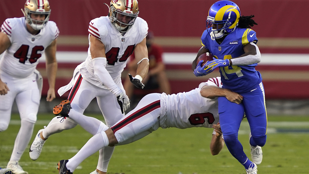 <p>Robbie Gould nailed a clutch 49-yard field goal in the fourth quarter to give the 49ers a 15-point lead.</p>

<p>Punter Mitch Wishnowsky averaged 47 yards on five punts, including two inside the 20-yard line.</p>

<p>Tarvarius Moore made a huge play on special teams when he downed Wishnowsky’s fourth-quarter punt inside the Rams’ 1-yard line.</p>

<p><strong>Grade: A</strong></p>
