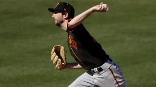 San Francisco Giants pitcher Jerry Blevins throws during the fourth inning of a spring training baseball game against the San Diego Padres Sunday, March 1, 2020, in Peoria, Ariz. (AP Photo/Charlie Riedel)