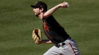 San Francisco Giants pitcher Jerry Blevins throws during the fourth inning of a spring training baseball game against the San Diego Padres Sunday, March 1, 2020, in Peoria, Ariz. (AP Photo/Charlie Riedel)