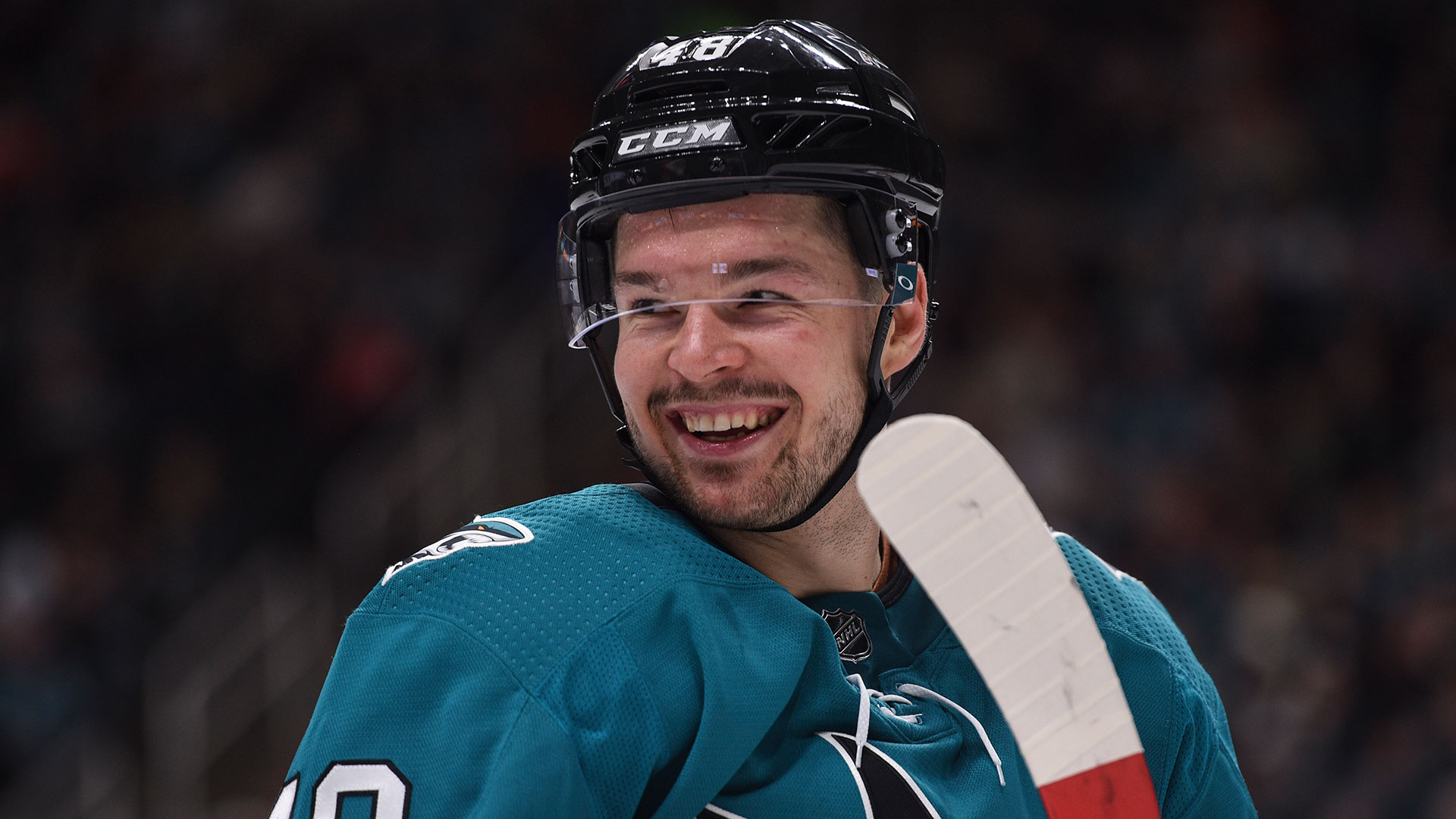 Tomas Hertl of the San Jose Sharks speaks to the media in a press