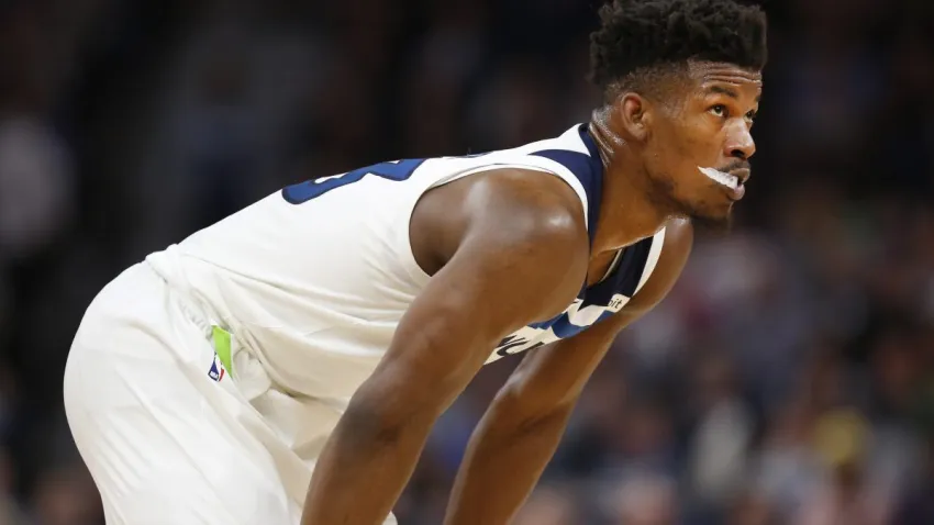 Minnesota Timberwolves guard Jimmy Butler (23) against the Houston Rockets during an NBA basketball game Tuesday, Feb. 13, 2018, in Minneapolis. The Rockets defeated the Timberwolves 126-108. (AP Photo/Andy Clayton-King)