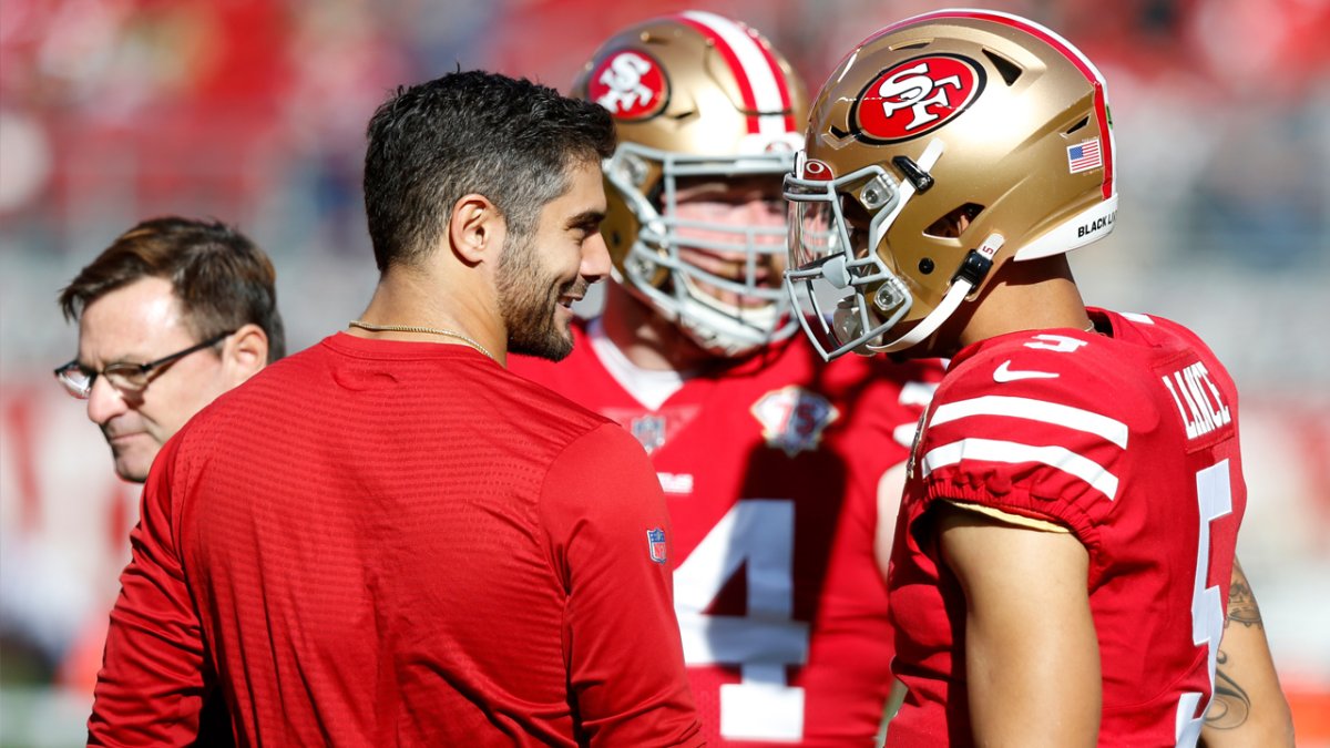 San Francisco 49ers quarterback Trey Lance warms up in a Crucial