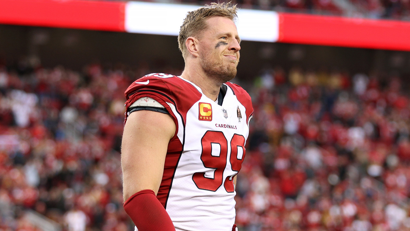 Arizona Cardinals defensive end J.J. Watt takes a break in the