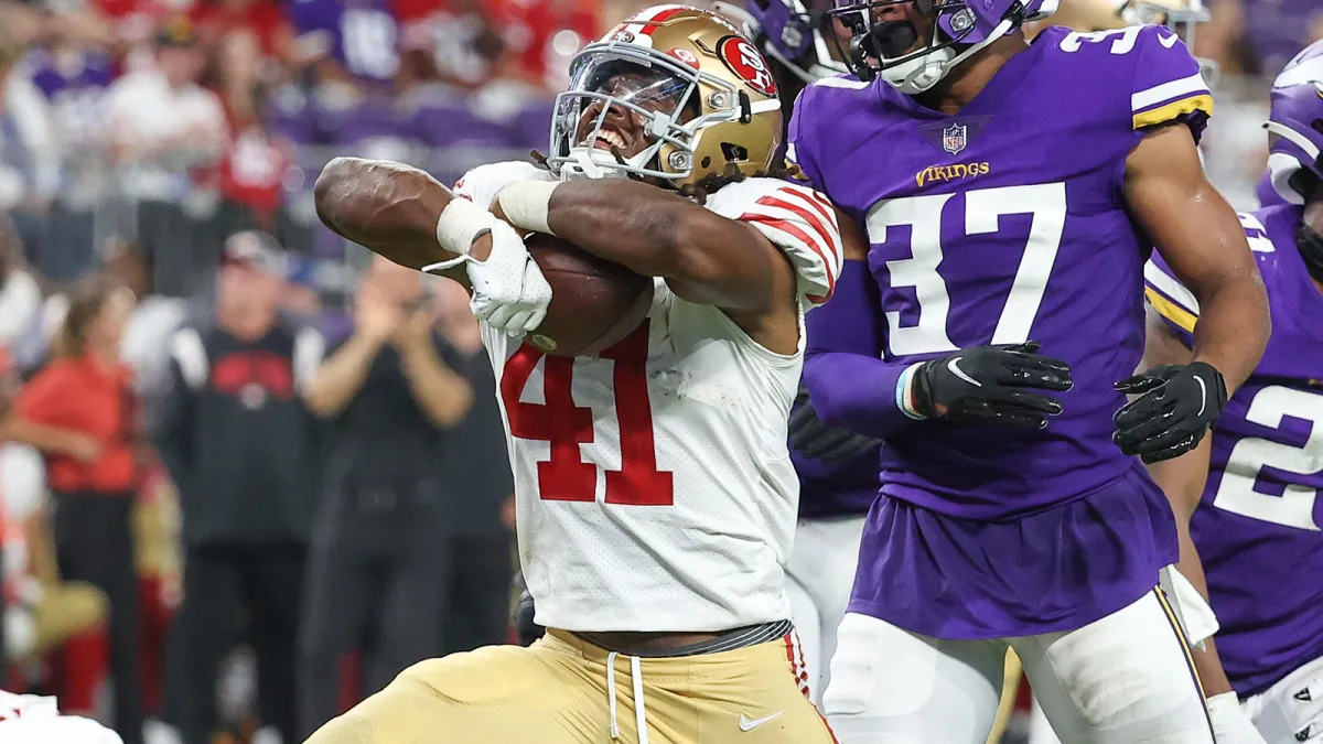 San Francisco 49ers' Jordan Mason takes part in an NFL football