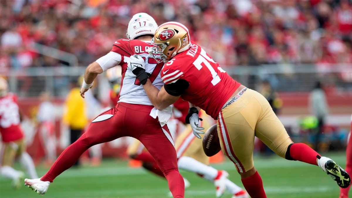 San Francisco 49ers defensive end Jordan Willis, left, and defensive end  Kerry Hyder Jr. against the Los Angeles Chargers during an NFL football  game in Santa Clara, Calif., Sunday, Nov. 13, 2022. (