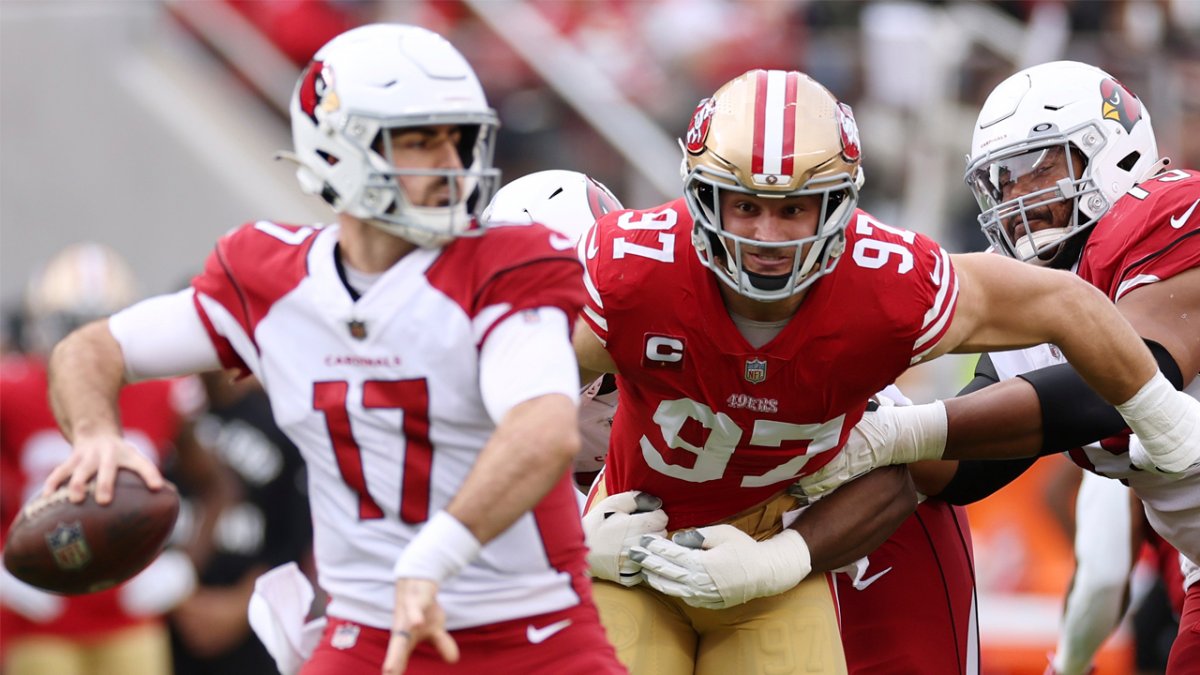 San Francisco 49ers defensive end Nick Bosa (97) reacts after a sack during  an NFL football game against the Arizona Cardinals, Sunday, Jan.8, 2023, in  Santa Clara, Calif. (AP Photo/Scot Tucker Stock