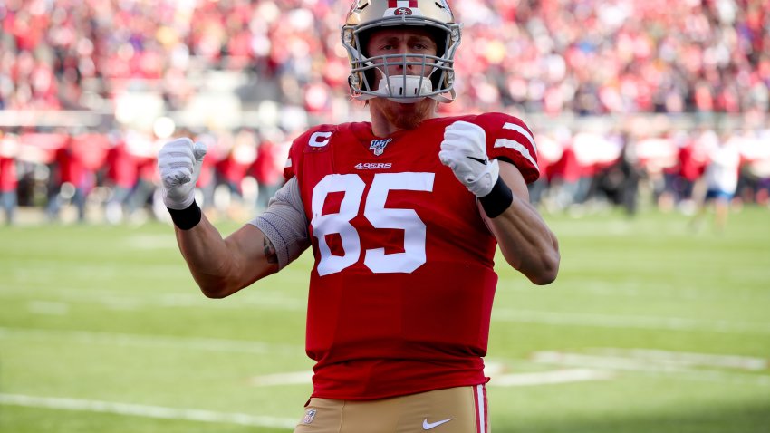 Jan 11, 2020; Santa Clara, California, USA; San Francisco 49ers tight end George Kittle (85) interacts with the crowd before the start of the game against the Minnesota Vikings in a NFC Divisional Round playoff football game at Levi’s Stadium. Mandatory Credit: Cary Edmondson-USA TODAY Sports