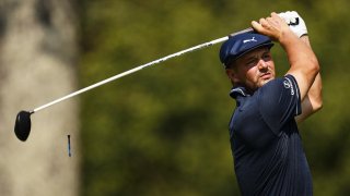 Aug 27, 2021; Owings Mills, Maryland, USA; Bryson Dechambeau plays his shot from the second tee during the second round of the BMW Championship golf tournament. Mandatory Credit: Scott Taetsch-USA TODAY Sports