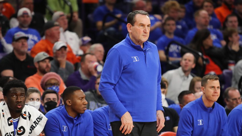 Feb 10, 2022; Clemson, South Carolina, USA; Duke Blue Devils head coach Mike Krzyzewski watches from the sideline during the first half against the Clemson Tigers at Littlejohn Coliseum. Mandatory Credit: Dawson Powers-USA TODAY Sports