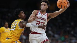 ALBANY, NEW YORK – MARCH 17: Trayce Jackson-Davis #23 of the Indiana Hoosiers looks to pass against Miryne Thomas #33 of the Kent State Golden Flashes in the first half during the first round of the NCAA Men’s Basketball Tournament at MVP Arena on March 17, 2023 in Albany, New York.