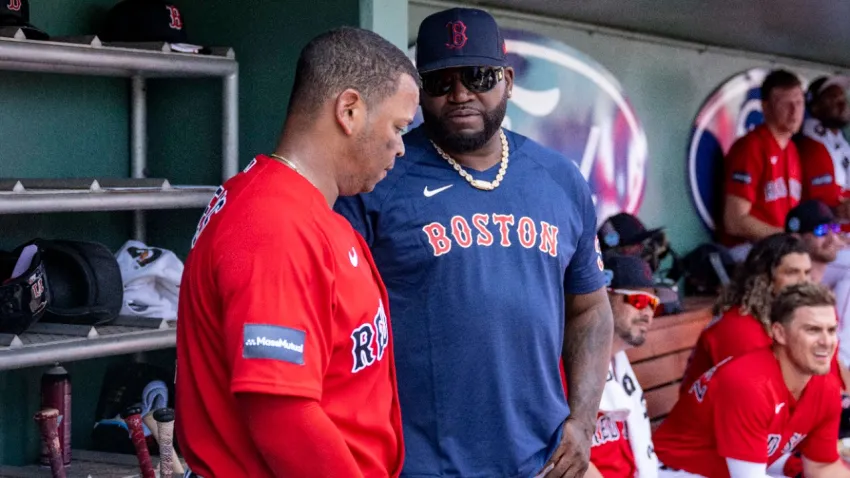 Red Sox third baseman Rafael Devers with David Ortiz