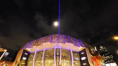 Mar 6, 2023; Sacramento, California, USA; The beam on display above Golden 1 Center after a win by the Sacramento Kings against the New Orleans Pelicans. Mandatory Credit: Kelley L Cox-USA TODAY Sports