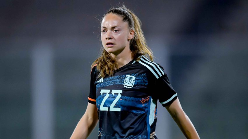 Estefania Banini of Argentina looks on during an international friendly match between Argentina and Venezuela at Mario Alberto Kempes Stadium on April 6, 2023 in Cordoba, Argentina.