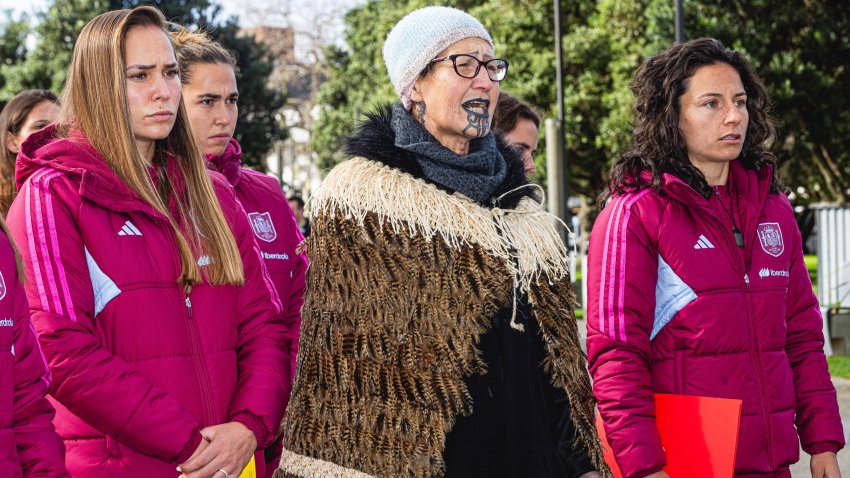 Irene Guerrero (L) and Ivana Andres (R) of Spain attend a Spain team welcome ceremony on July 17, 2023, in Palmerston North, New Zealand.