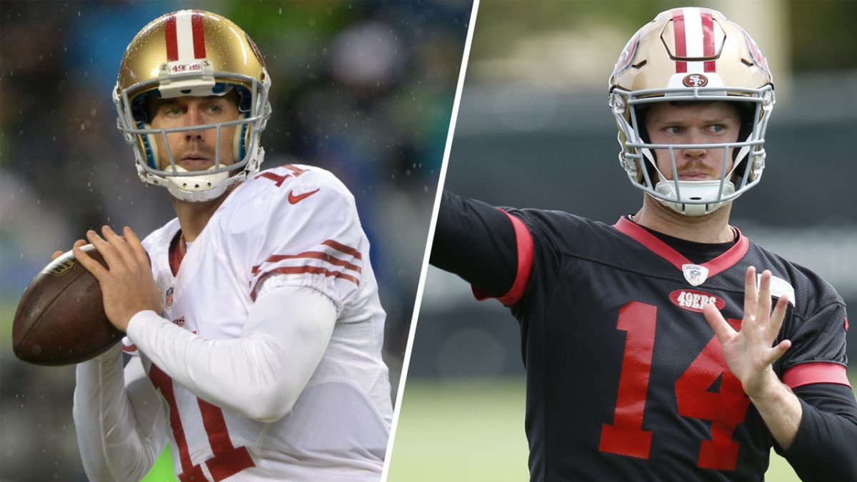 Utah quarterback Alex Smith, left, holds up a San Francisco 49ers