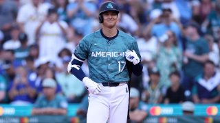 Shohei Ohtani #17 of the Los Angeles Angels reacts during the 93rd MLB All-Star Game at T-Mobile Park on July 11, 2023 in Seattle, Washington.