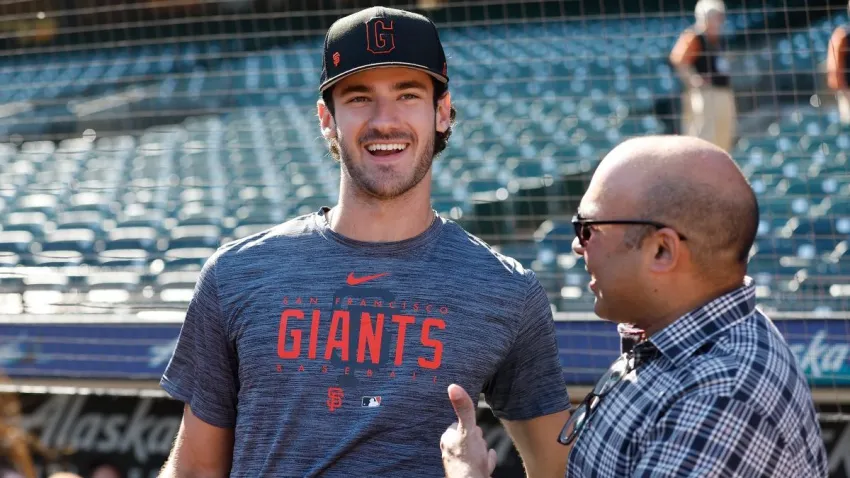 SAN FRANCISCO, CALIFORNIA – JULY 26: San Francisco Giants draftee Bryce Eldridge poses for a photo with Giants president of baseball operations Farhan Zaidi before the game between the San Francisco Giants and the Oakland Athletics at Oracle Park on July 26, 2023 in San Francisco, California. Eldridge was drafted 16th overall in the first round of the 2023 MLB Draft. (Photo by Lachlan Cunningham/Getty Images)