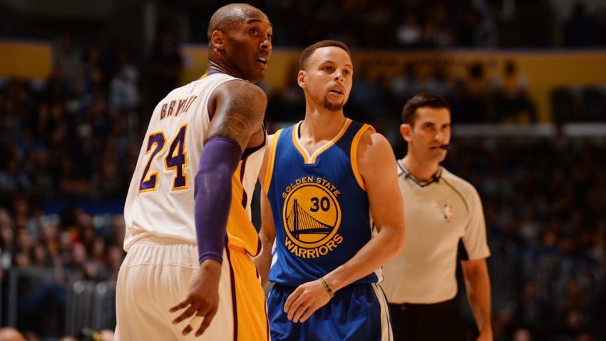 LOS ANGELES, CA – MARCH 6:  Kobe Bryant #24 of the Los Angeles Lakers stands on the court against Stephen Curry #30 of the Golden State Warriors on March 6, 2016 at STAPLES Center in Los Angeles, California. NOTE TO USER: User expressly acknowledges and agrees that, by downloading and/or using this Photograph, user is consenting to the terms and conditions of the Getty Images License Agreement. Mandatory Copyright Notice: Copyright 2016 NBAE (Photo by Noah Graham/NBAE via Getty Images)