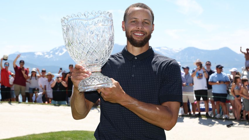 STATELINE, NEVADA – JULY 16: Stephen Curry of the NBA Golden State Warriors holds the trophy after winning the American Century Championship on Day Three of the 2023 American Century Championship at Edgewood Tahoe Golf Course on July 16, 2023 in Stateline, Nevada. (Photo by Isaiah Vazquez/Getty Images)